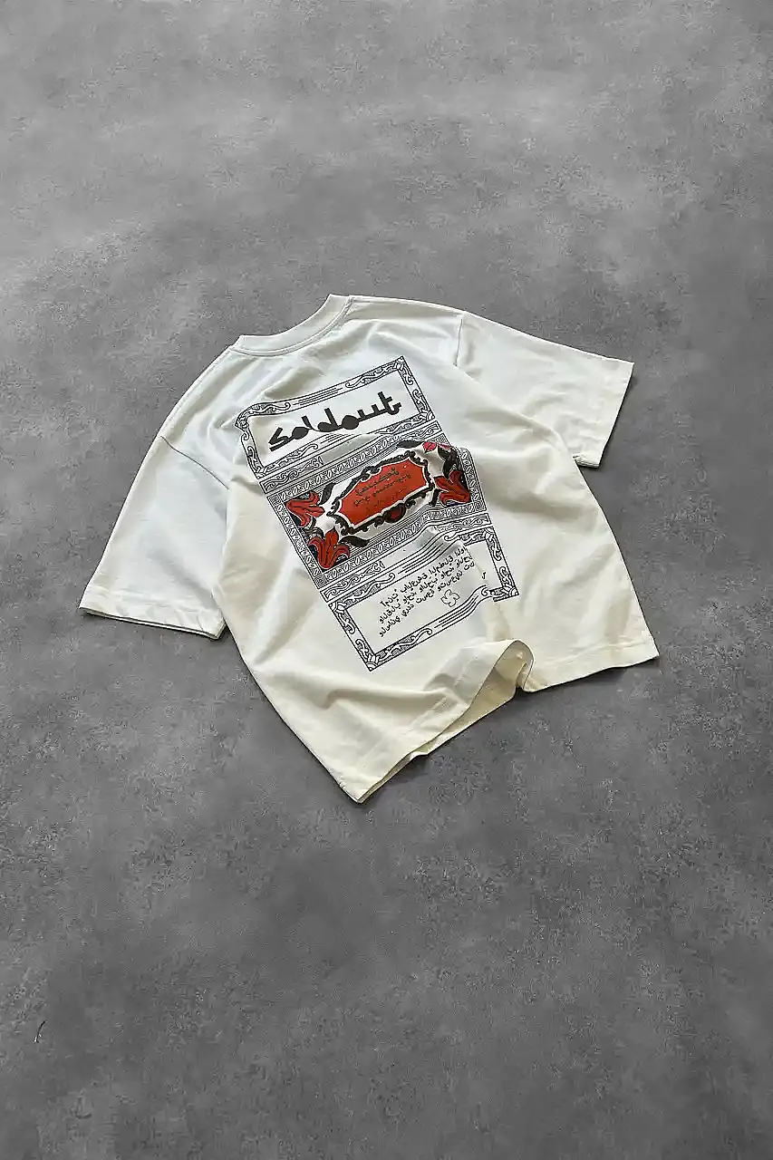 Arap Çarşaf Baskılı Oversize Beyaz Tişört - 3