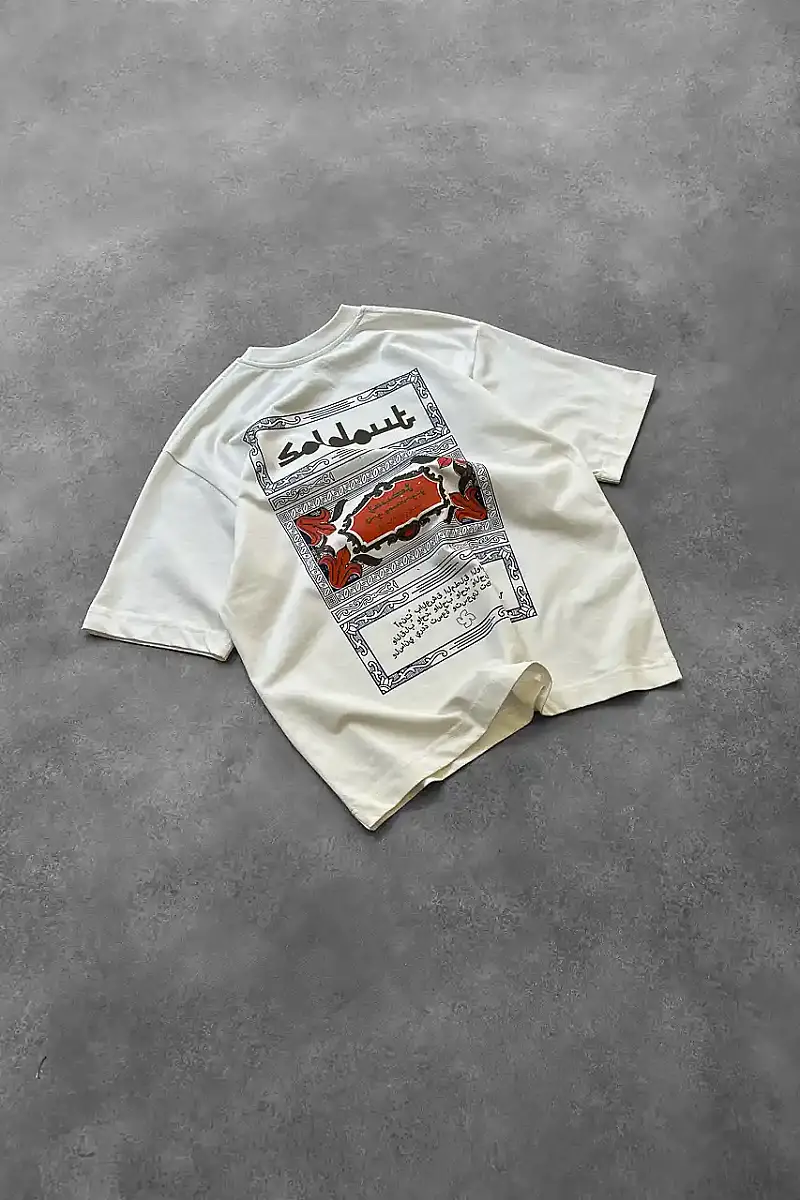 Arap Çarşaf Baskılı Oversize Beyaz Tişört - 3