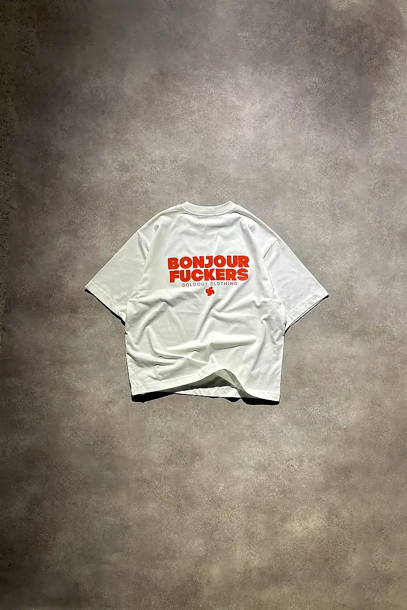Bonjour Oversize Baskılı Beyaz Tişört - 1
