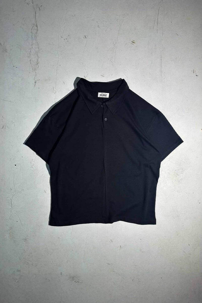 Dikiş Detaylı Polo Yaka Siyah Oversize Tişört  - 1