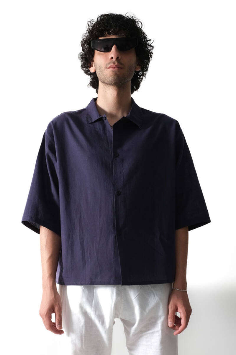 Gece Mavisi Boxy Fit Crop Yarım Kol %100 Pamuk Gömlek