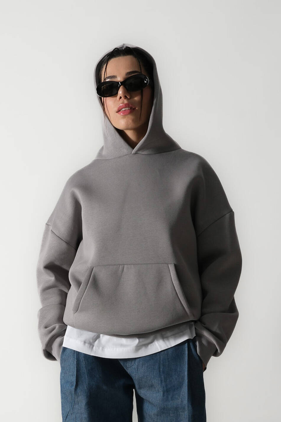 Gri Oversize Boxy Fit Hoodie - 1