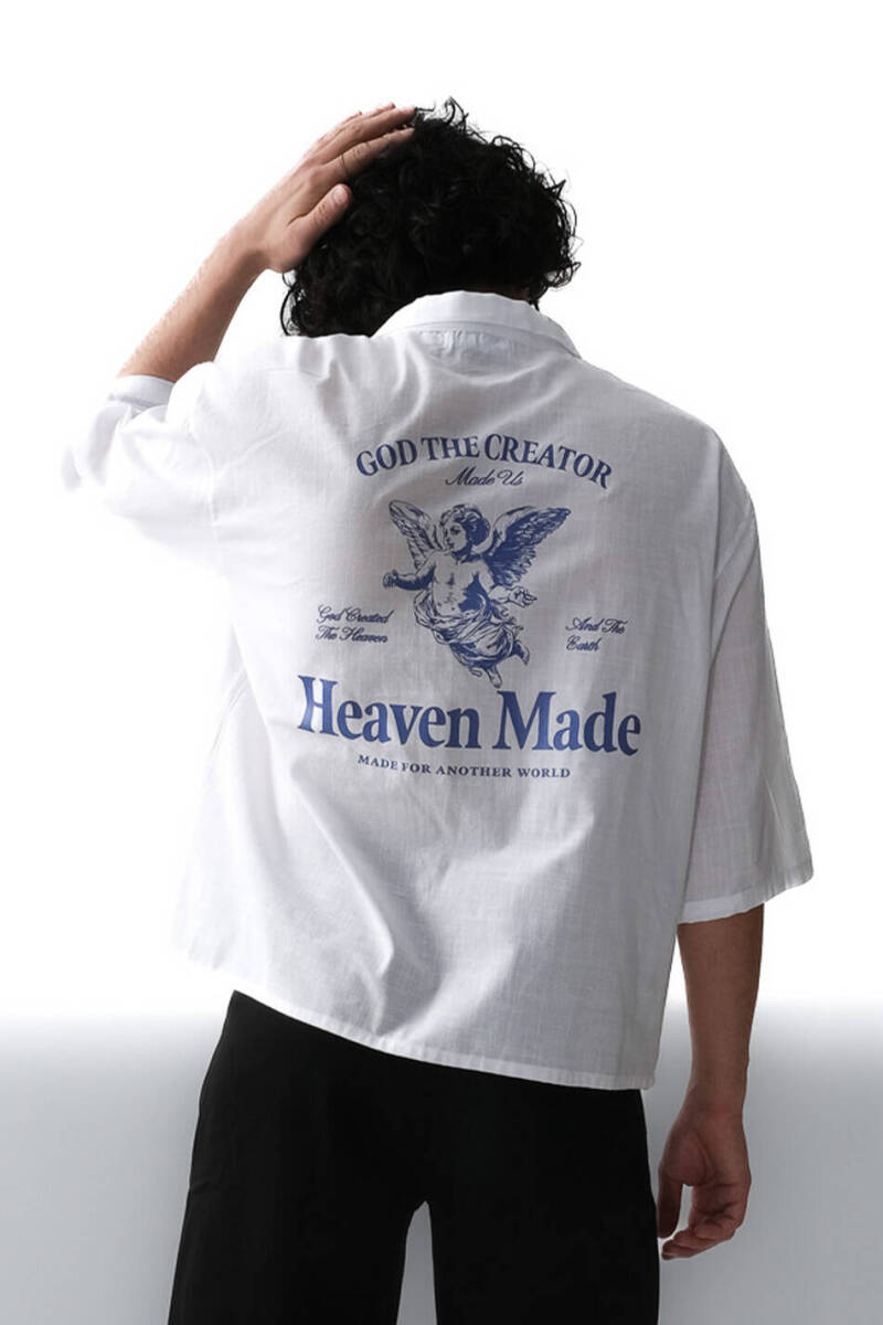 Heaven Made Beyaz Boxy Fit Crop Yarım Kol %100 Pamuk İnce Gömlek    - 1