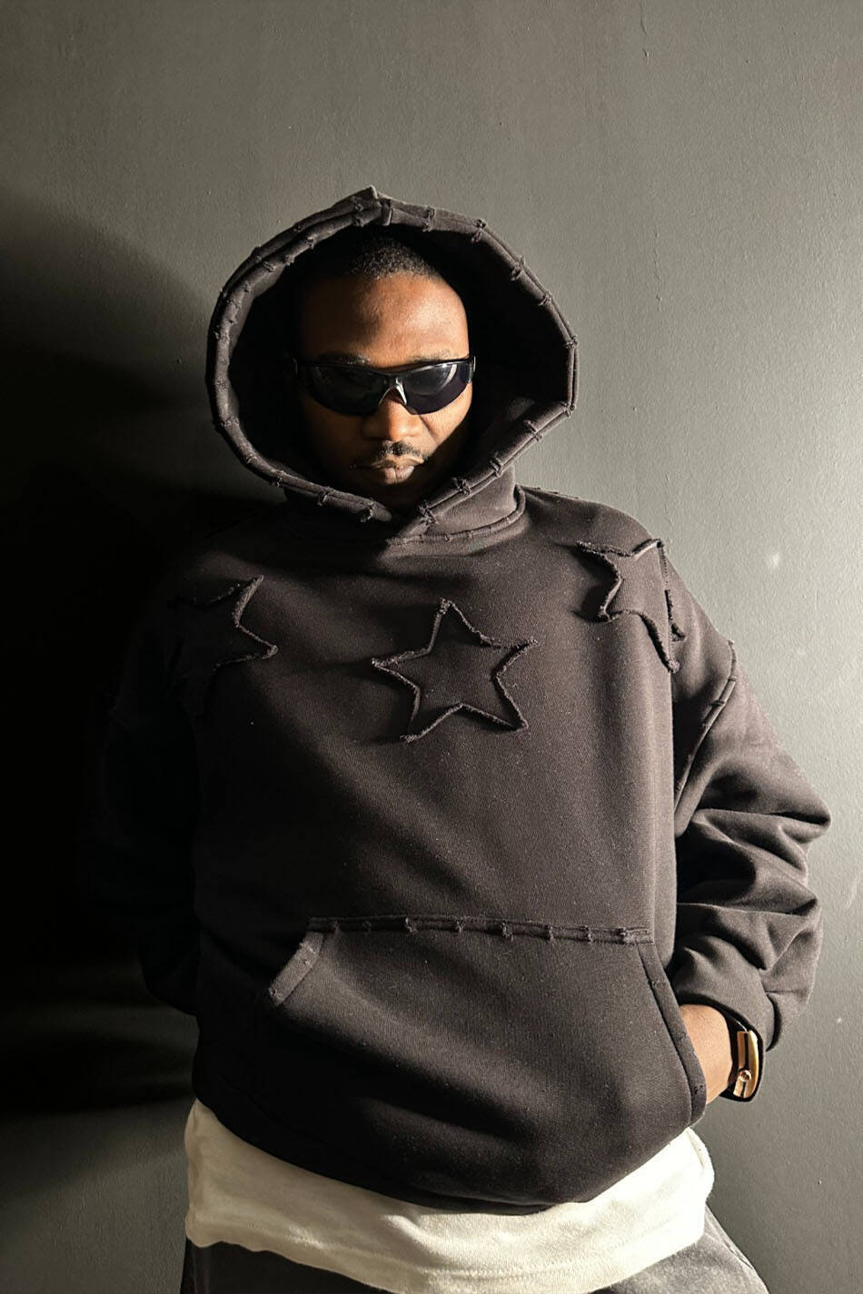 Siyah Yıldız Detaylı 550GSM (Heavyweight) Oversize Boxy Fit Hoodie - 3