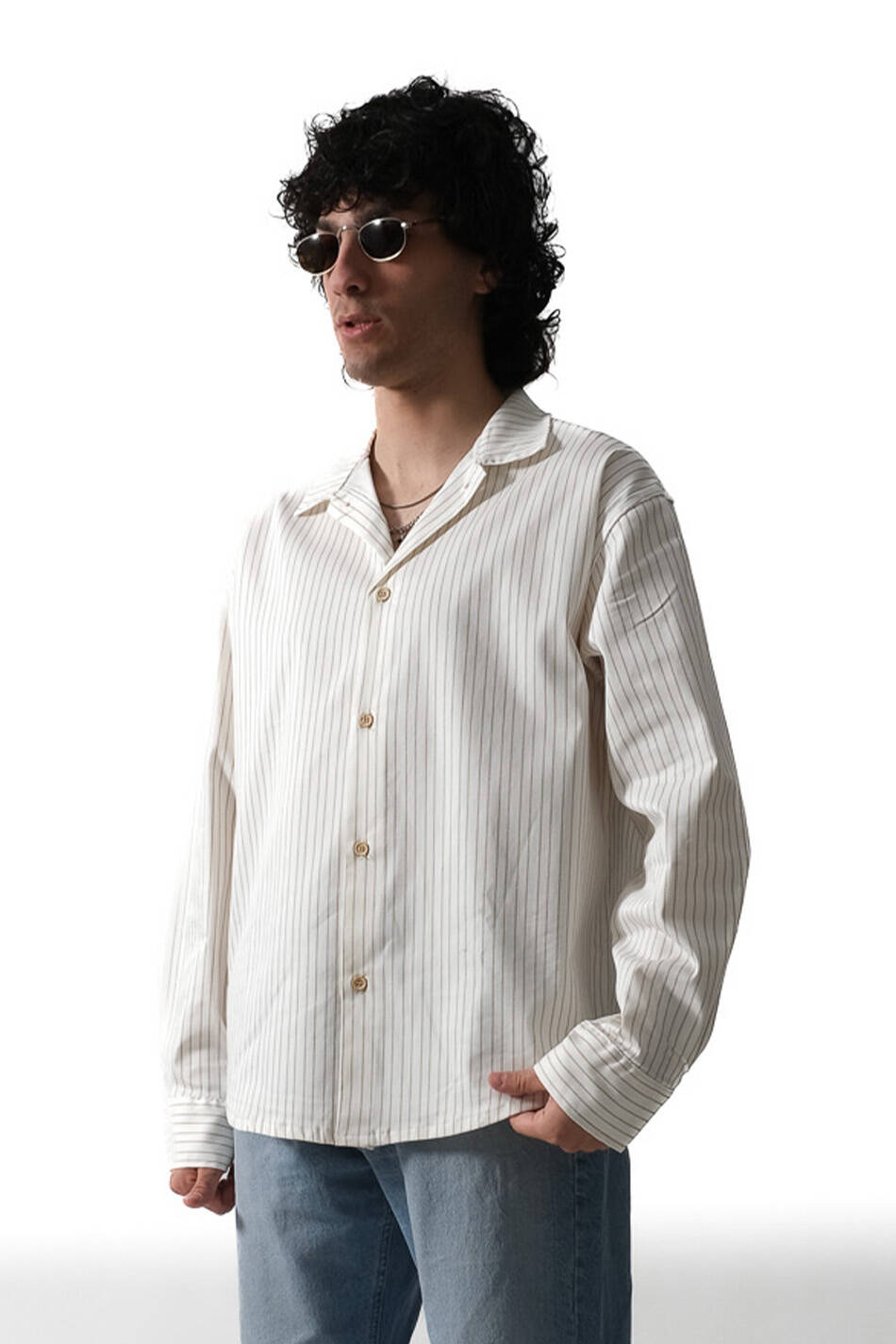 İnce Çizgili Ekru Essential Oversize Gömlek