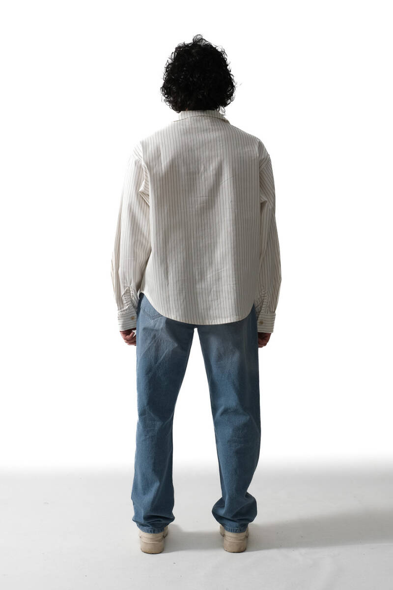 İnce Çizgili Ekru Essential Oversize Gömlek   - 4