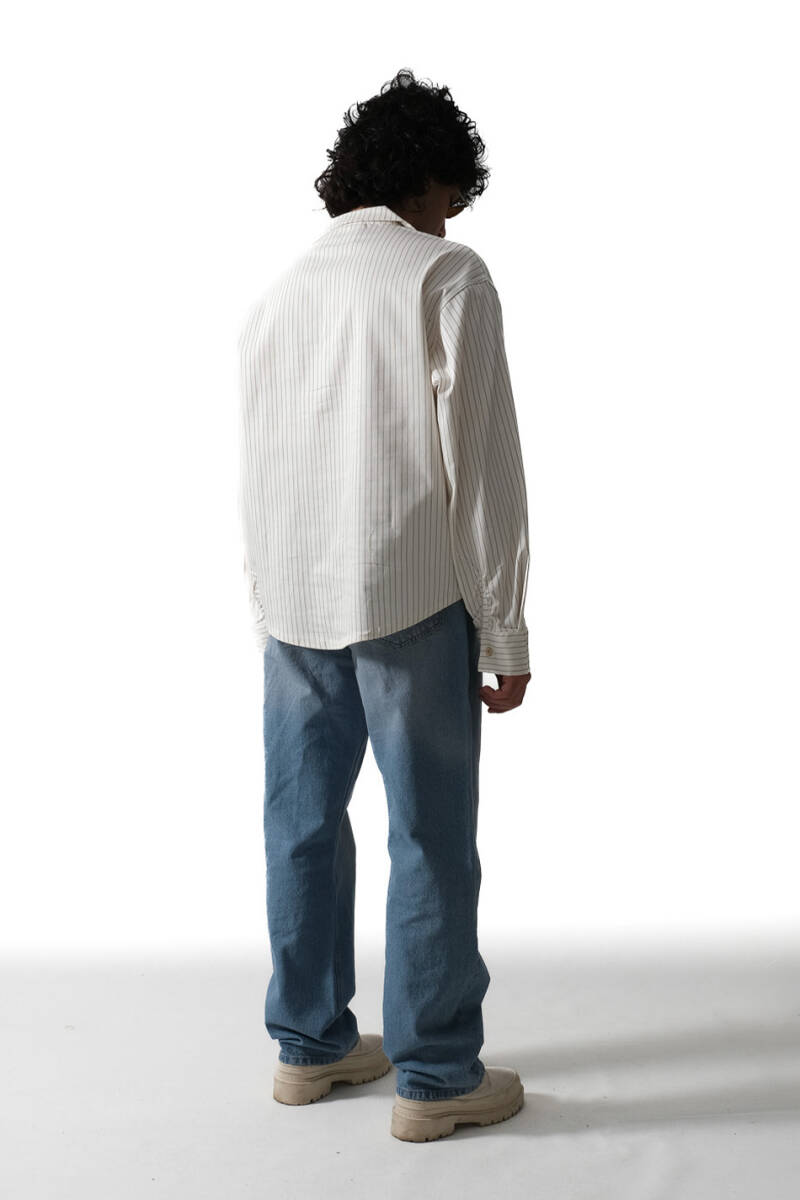 İnce Çizgili Ekru Essential Oversize Gömlek   - 3