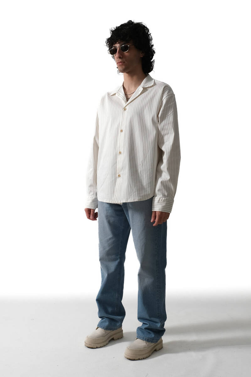İnce Çizgili Ekru Essential Oversize Gömlek   - 2