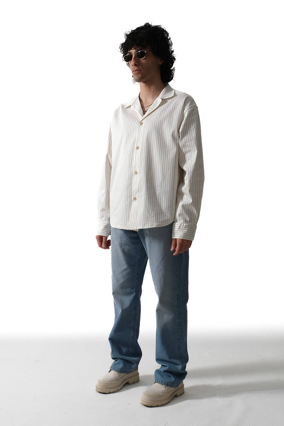İnce Çizgili Ekru Essential Oversize Gömlek · 2