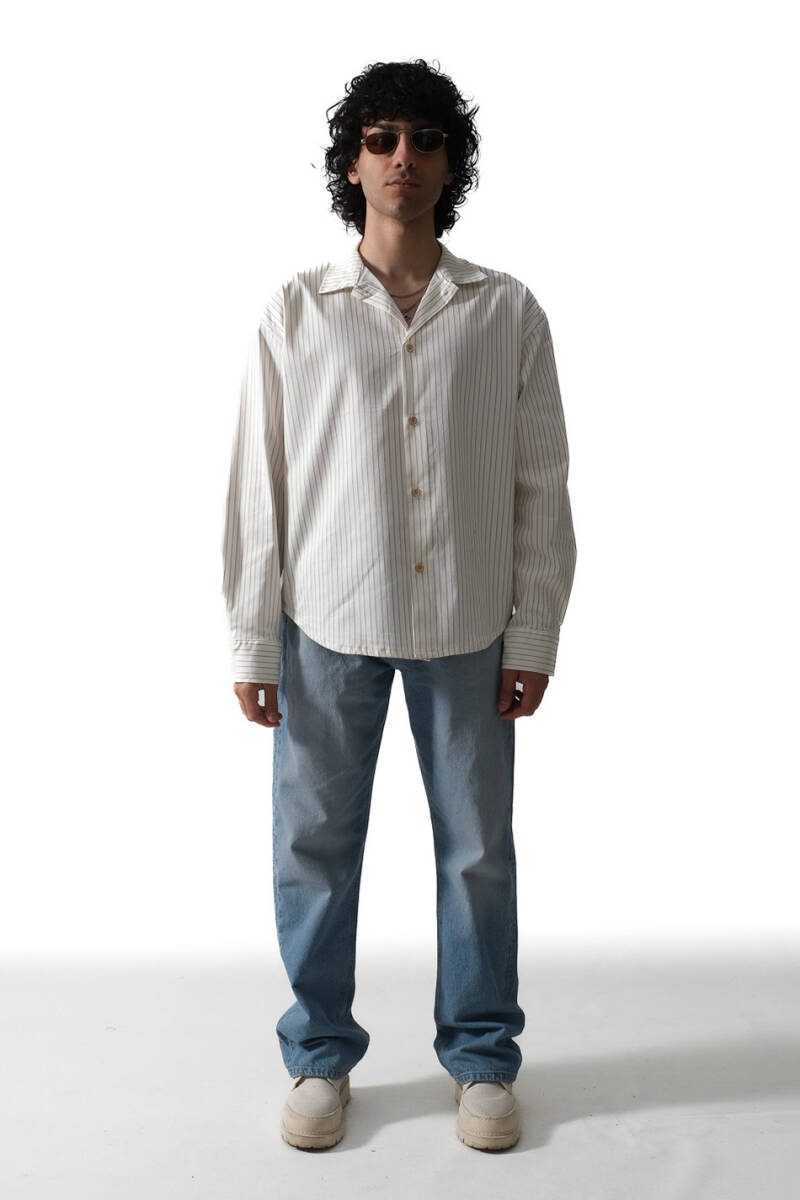 İnce Çizgili Ekru Essential Oversize Gömlek   - 6