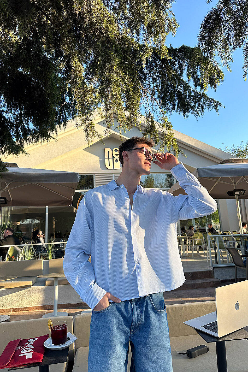 İnce Mavi Çizgili Old Money Boxy Fit Crop Gömlek  