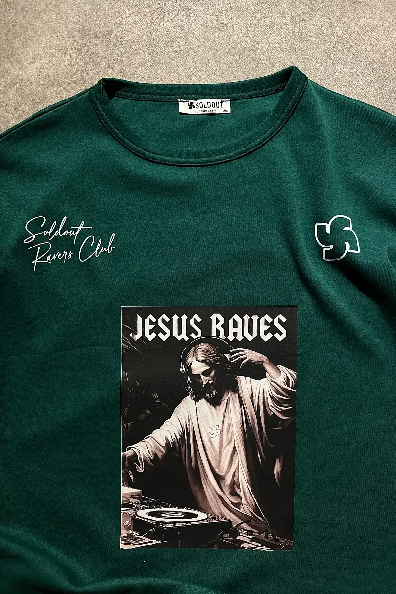 Jesus Raves Oversize Zümrüt Yeşili Tişört - 5