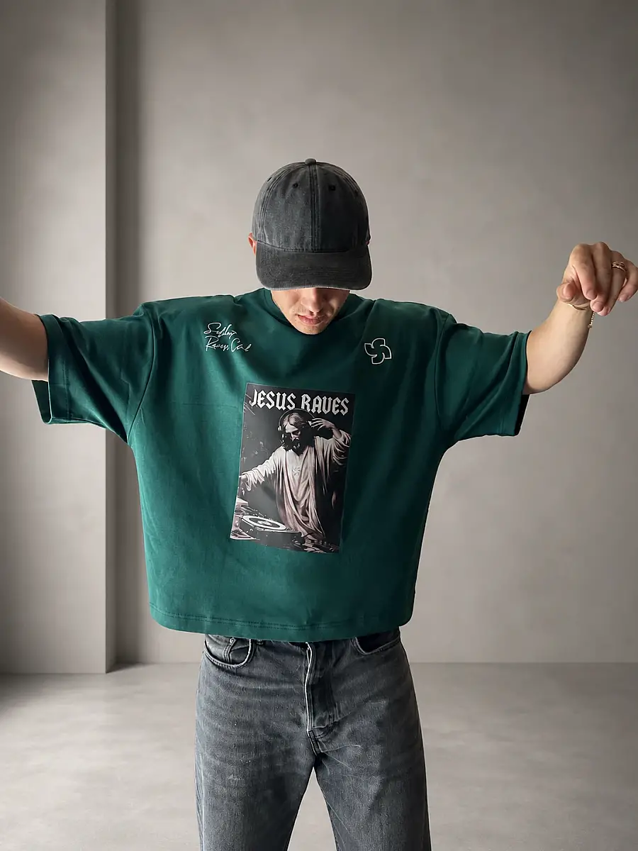 Jesus Raves Oversize Zümrüt Yeşili Tişört - 3