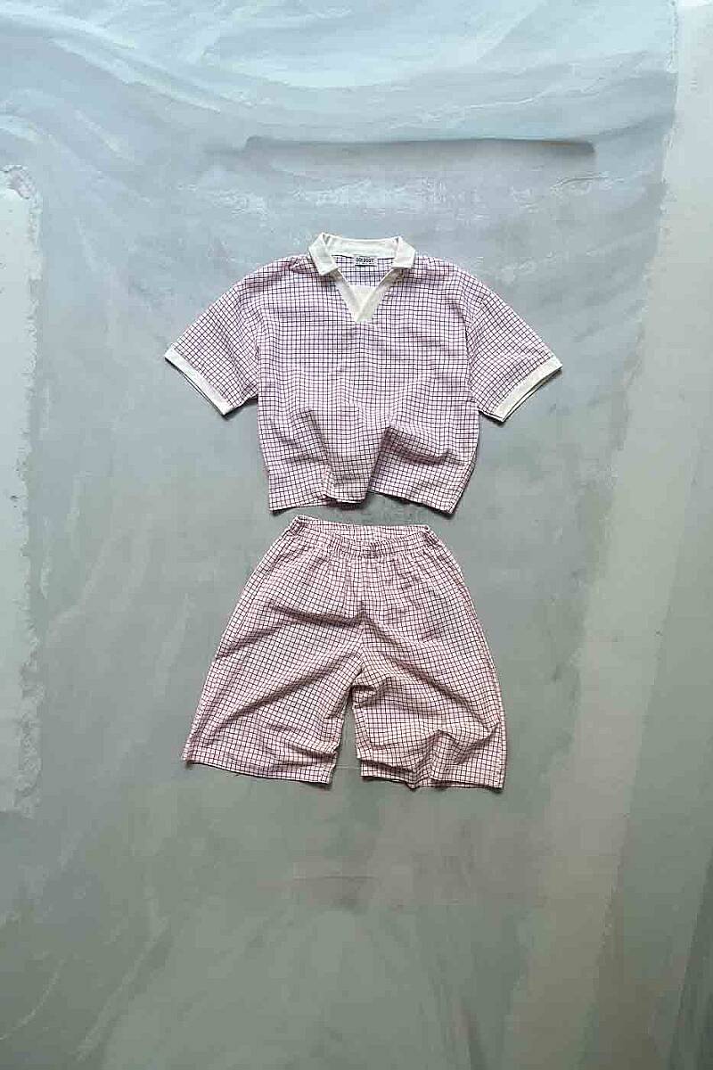 Kırmızı Kare Desenli Forma Unisex Takım 