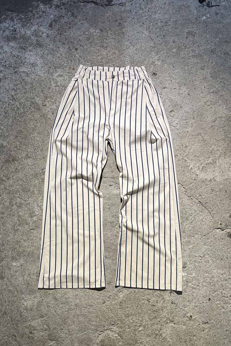Lacivert Çizgili Bej Çift Pileli Baggy Pantolon - 3