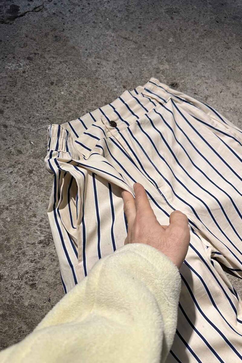 Lacivert Çizgili Bej Çift Pileli Baggy Pantolon - 5