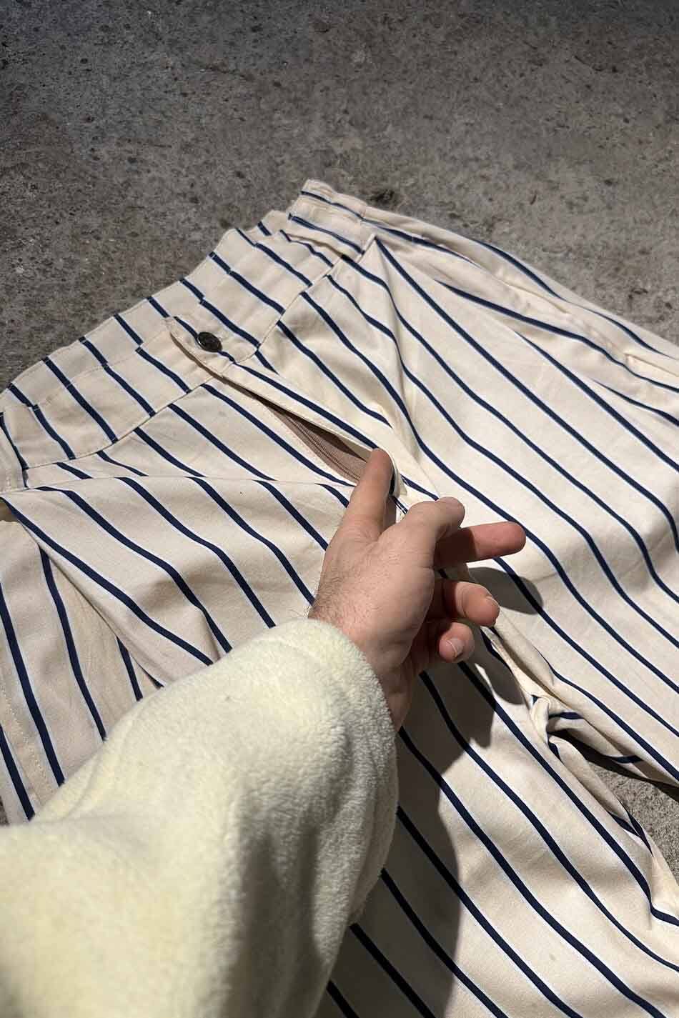 Lacivert Çizgili Bej Çift Pileli Baggy Pantolon - 6