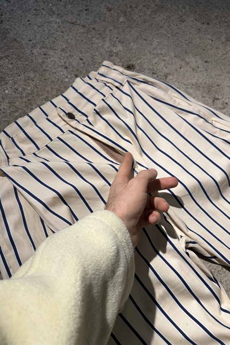 Lacivert Çizgili Bej Çift Pileli Baggy Pantolon - 6