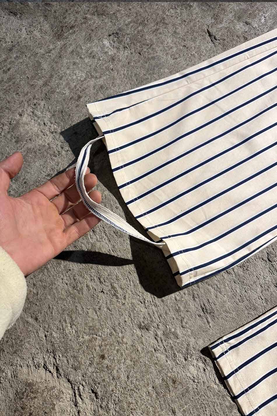 Lacivert Çizgili Bej Çift Pileli Baggy Pantolon - 7
