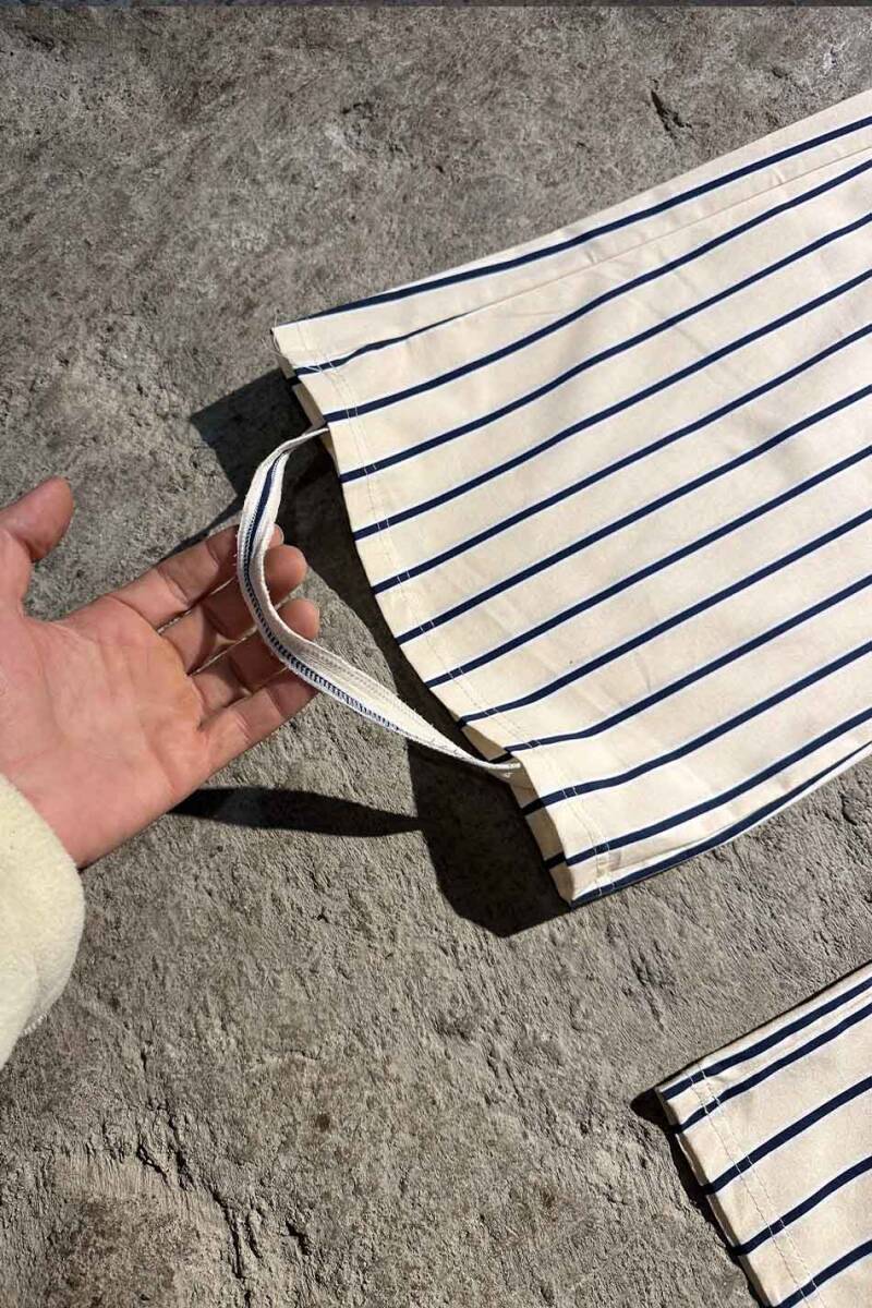 Lacivert Çizgili Bej Çift Pileli Baggy Pantolon - 7