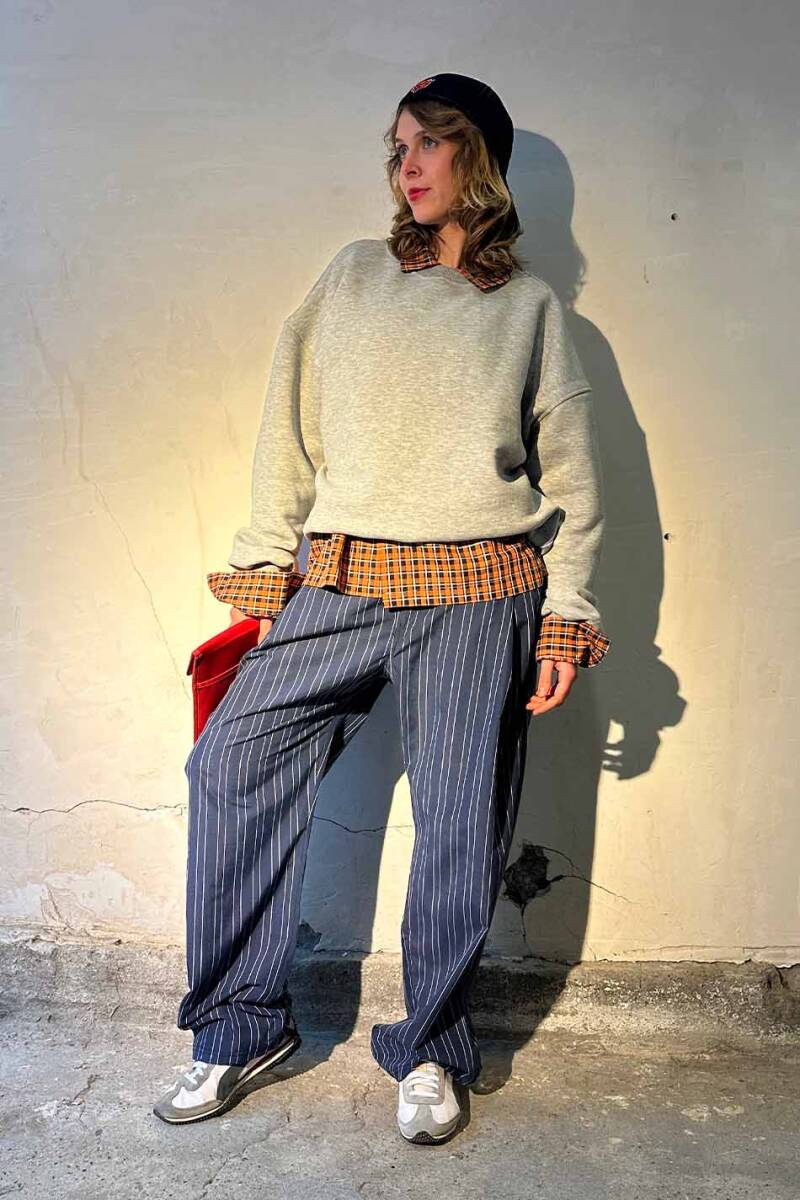 Lacivert Çizgili Çift Pileli Baggy Pantolon   - 8