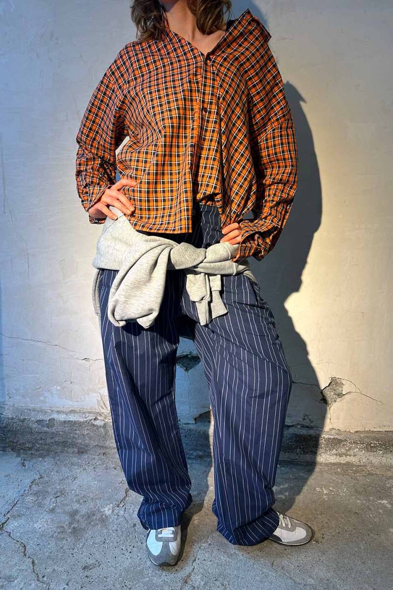 Lacivert Çizgili Çift Pileli Baggy Pantolon   - 9