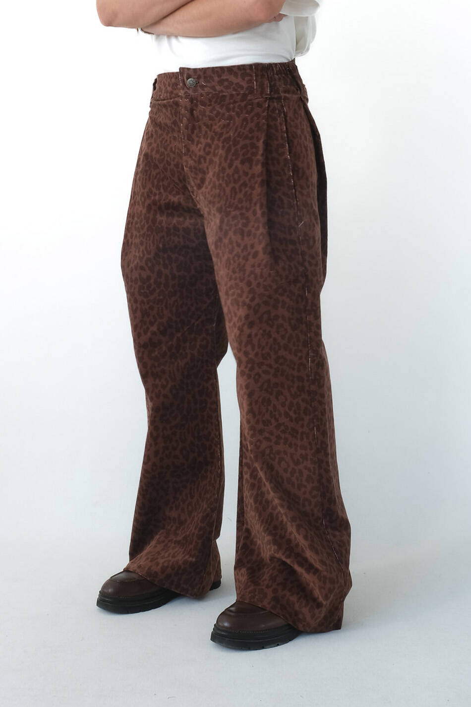 Leopar Çift Pileli Baggy Kadife Pantolon
