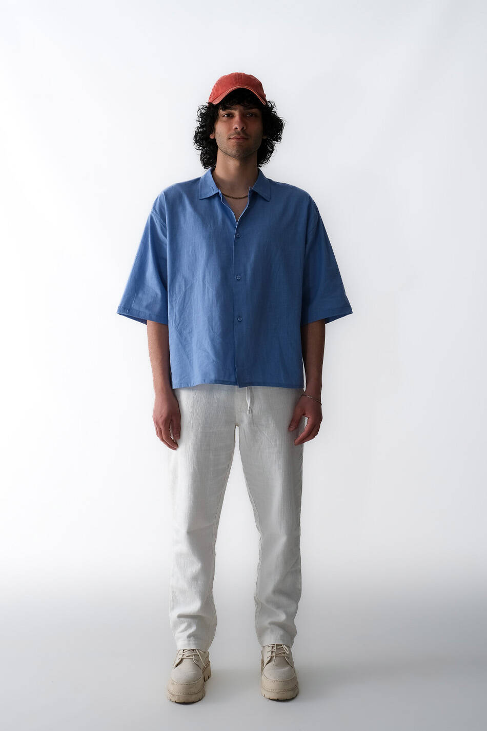 Mavi Boxy Fit Crop Yarım Kol %100 Pamuk İnce Gömlek - 2