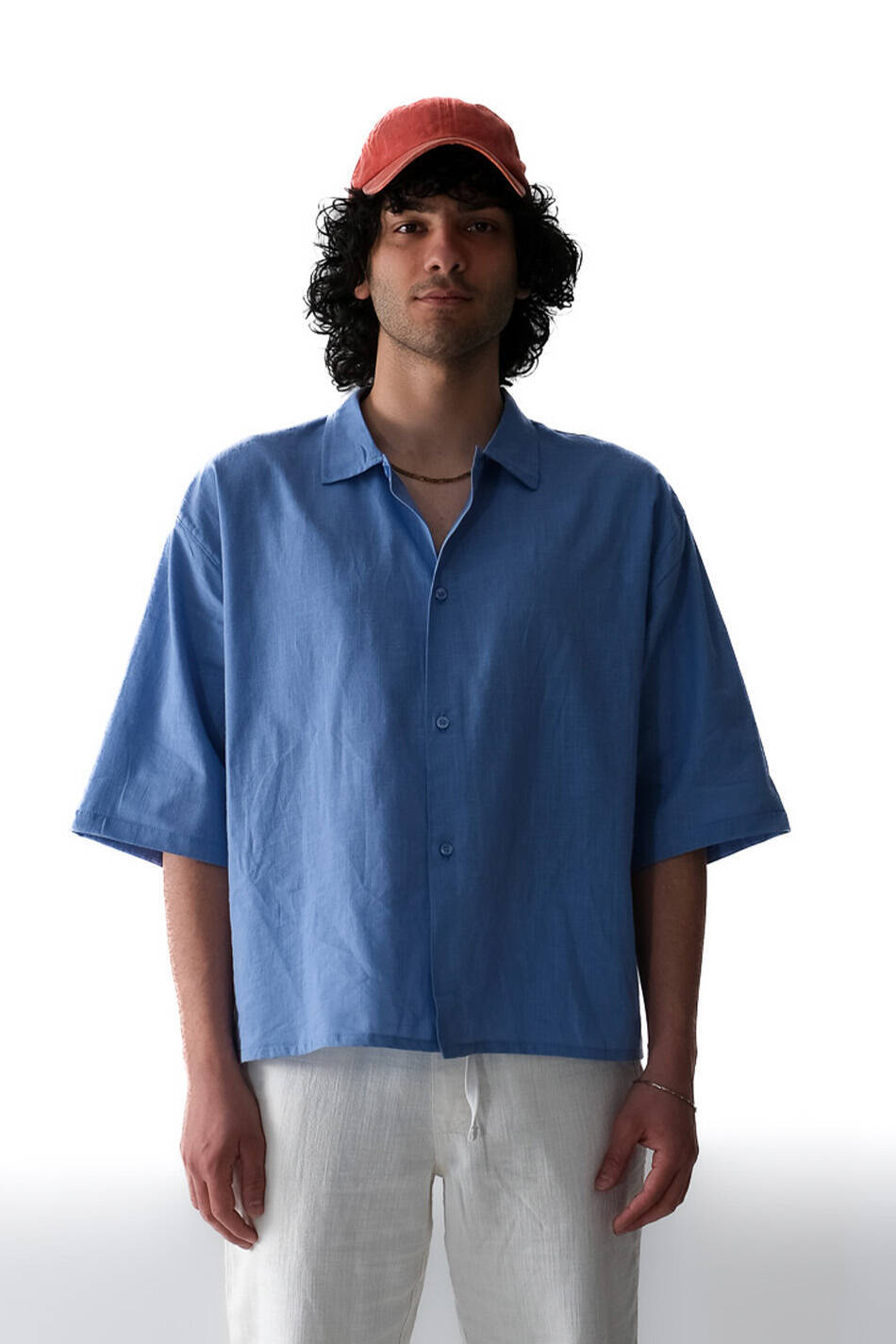 Mavi Boxy Fit Crop Yarım Kol %100 Pamuk İnce Gömlek - 1