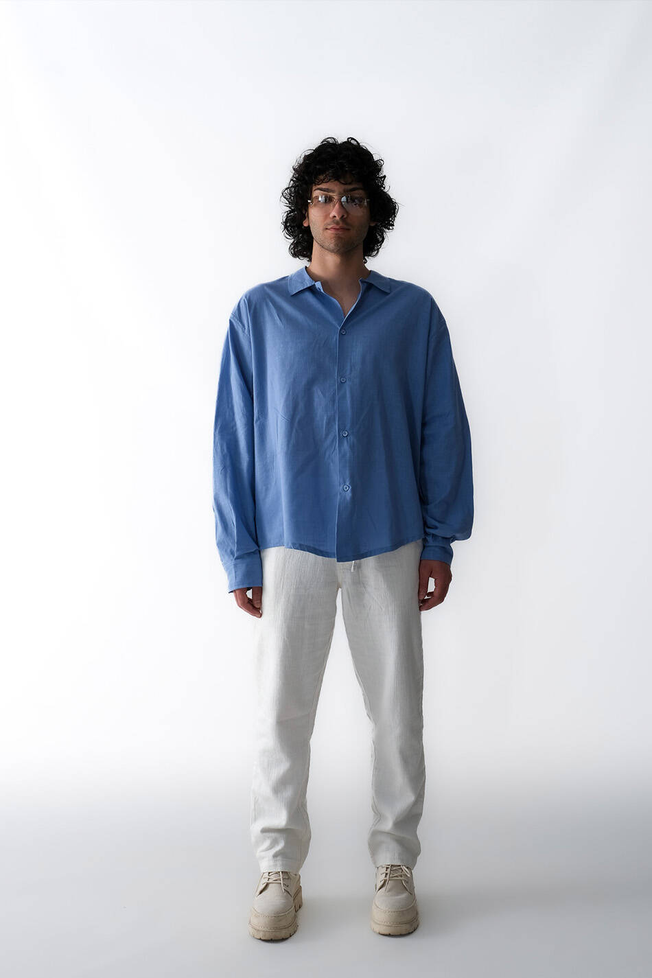 Mavi Oversize %100 Pamuk İnce Gömlek - 2