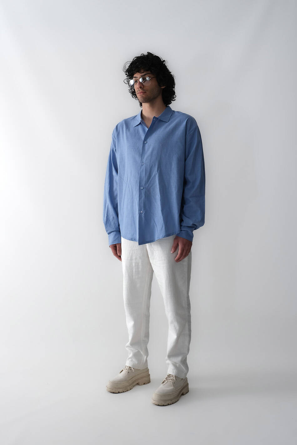 Mavi Oversize %100 Pamuk İnce Gömlek - 3