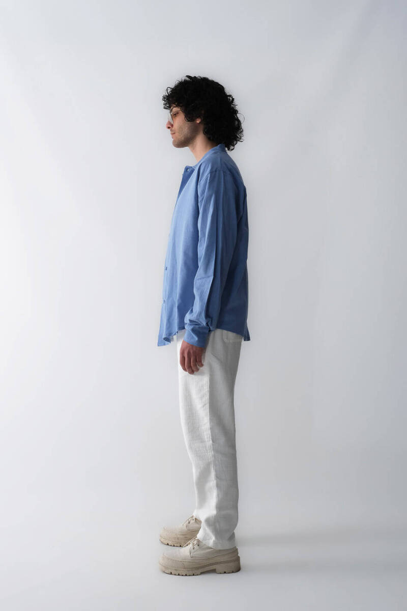 Mavi Oversize %100 Pamuk İnce Gömlek - 4