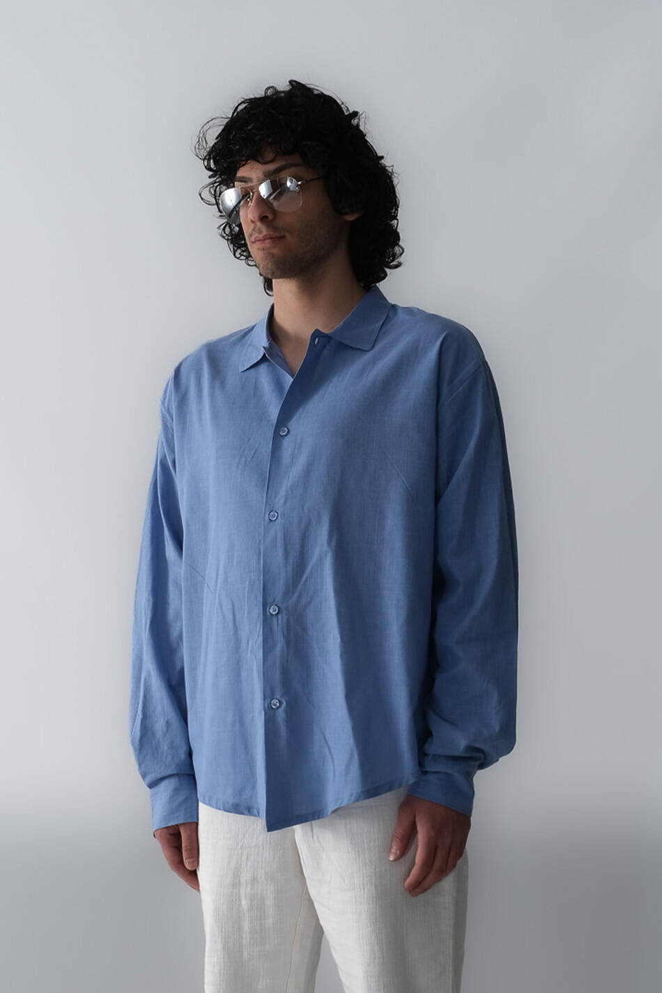 Mavi Oversize %100 Pamuk İnce Gömlek - 1