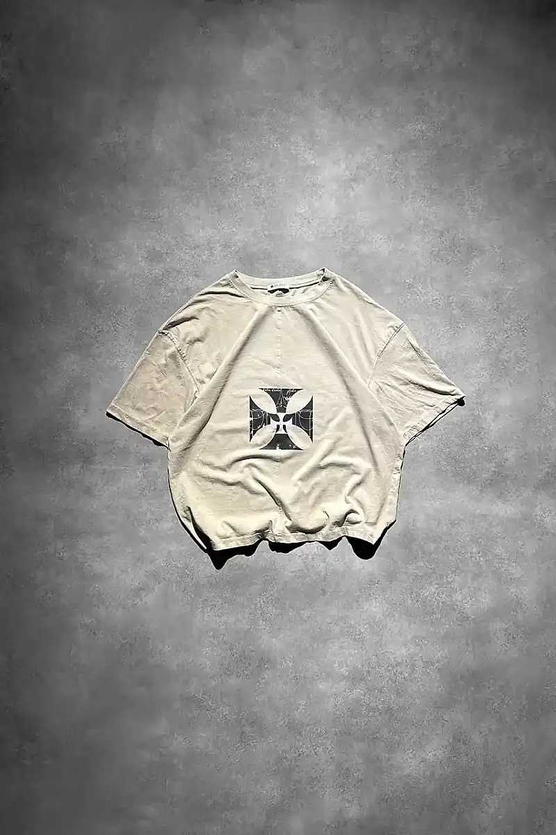 Midnight Verse Graphite Taş Rengi Ortadan Dikişli Oversize Tişört - 1