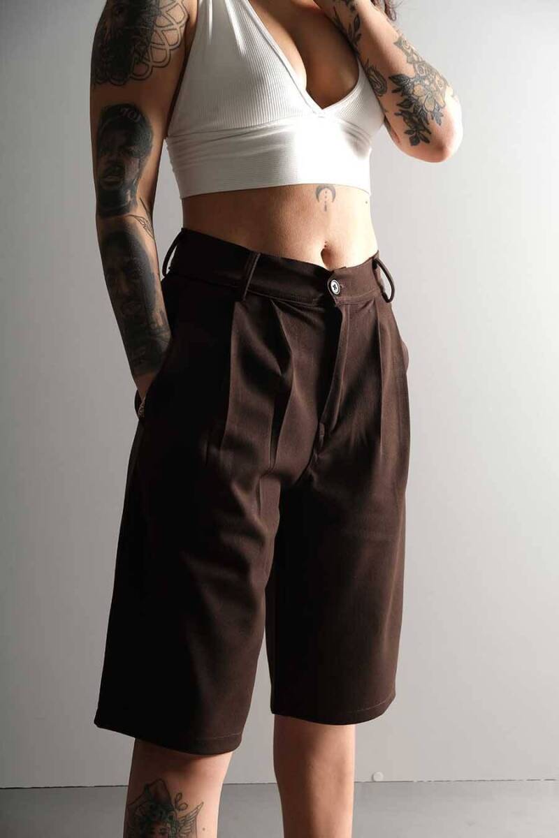 Oversize Bermuda Pileli Acı Kahve Kumaş Şort - 7
