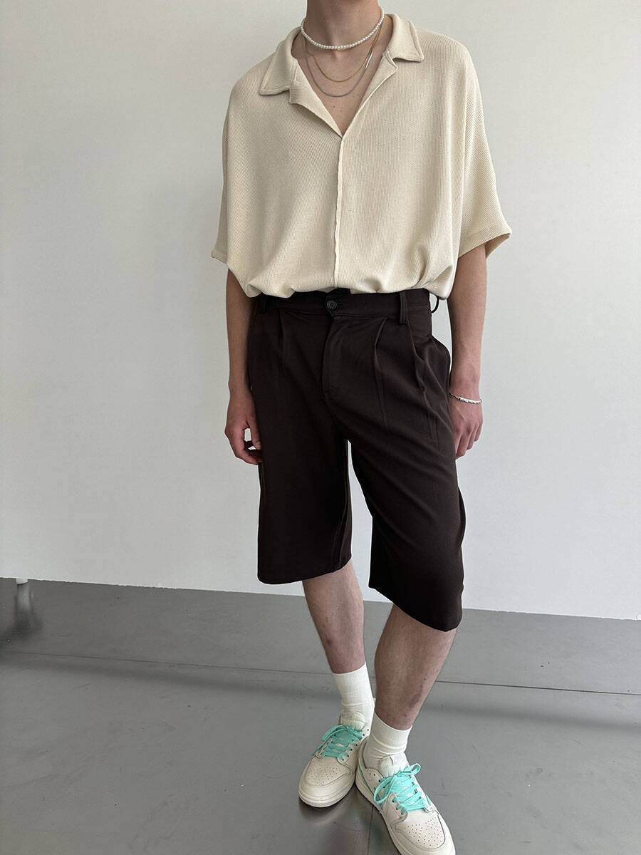 Oversize Bermuda Pileli Acı Kahve Kumaş Şort - 11
