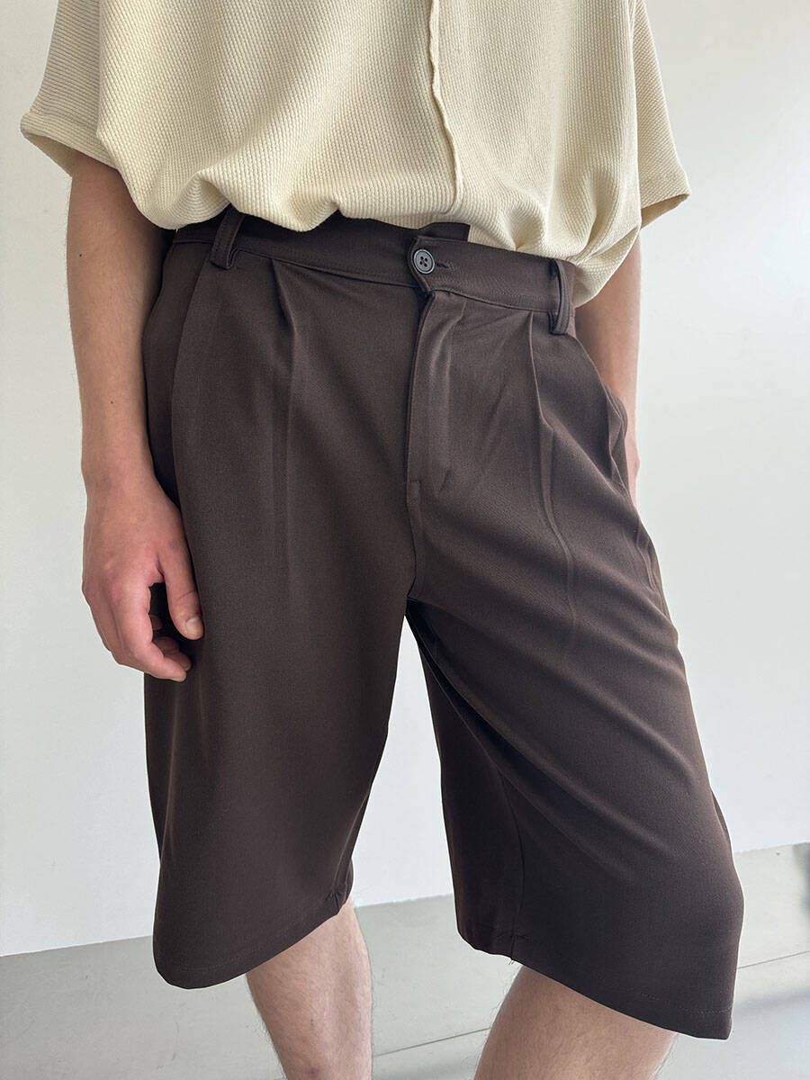 Oversize Bermuda Pileli Acı Kahve Kumaş Şort - 10