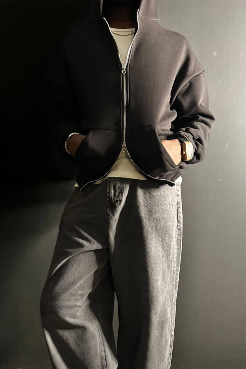 Siyah Oversize Boxy Fit Zip Hoodie - 2