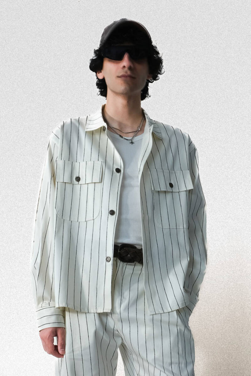 Siyah Çizgili Ekru Oversize Ceket
