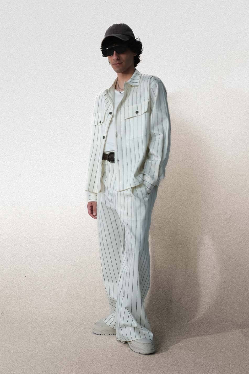 Siyah Çizgili Ekru Oversize Ceket - 4