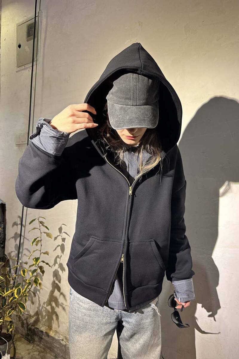 Siyah Heavyweight (550GSM) Oversize Boxy Fit Zip Hoodie V2 - 8