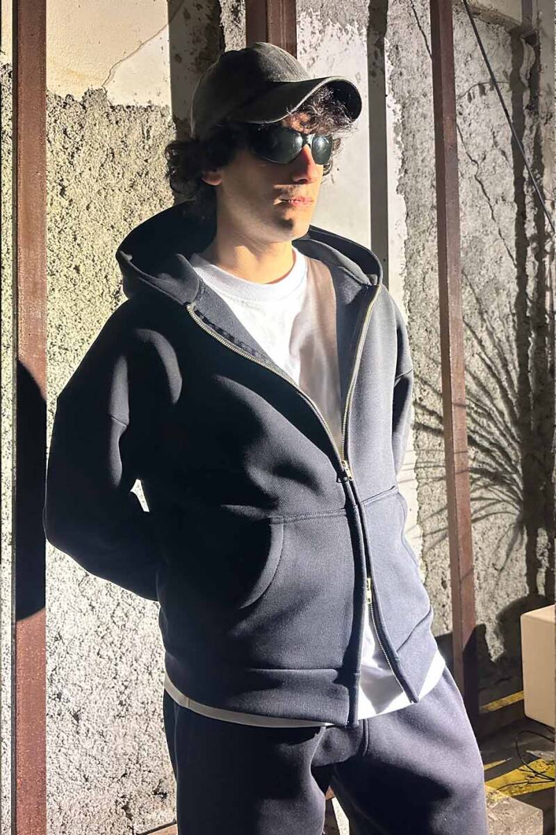 Siyah Heavyweight (550GSM) Oversize Boxy Fit Zip Hoodie V2 - 2