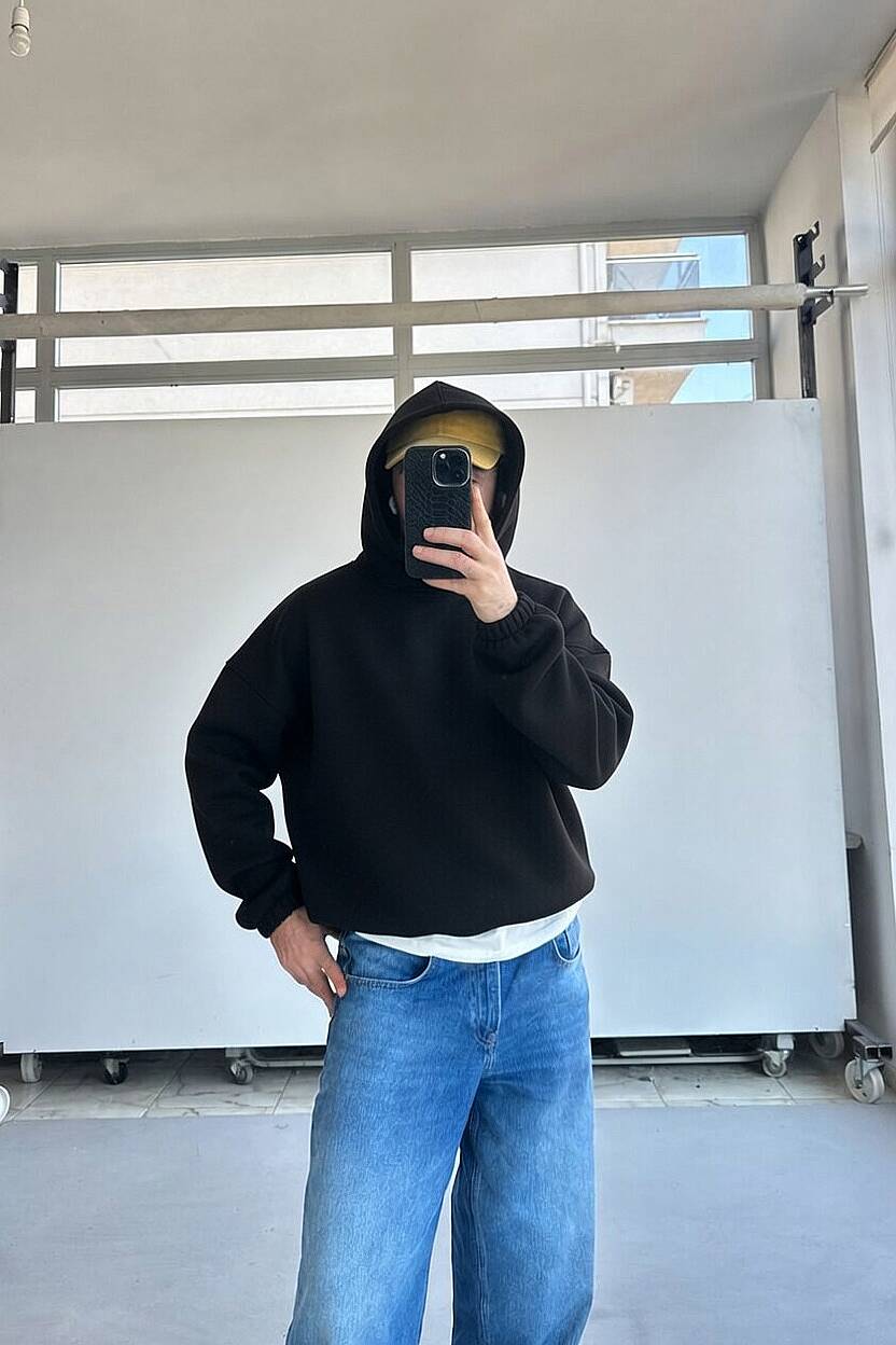 Siyah Oversize Boxy Fit Hoodie · 4